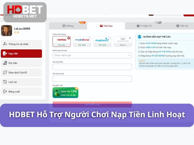 Nạp & rút tiền HDBET nhanh chóng, an toàn, minh bạch HDBET hỗ trợ người chơi nạp tiền linh hoạt